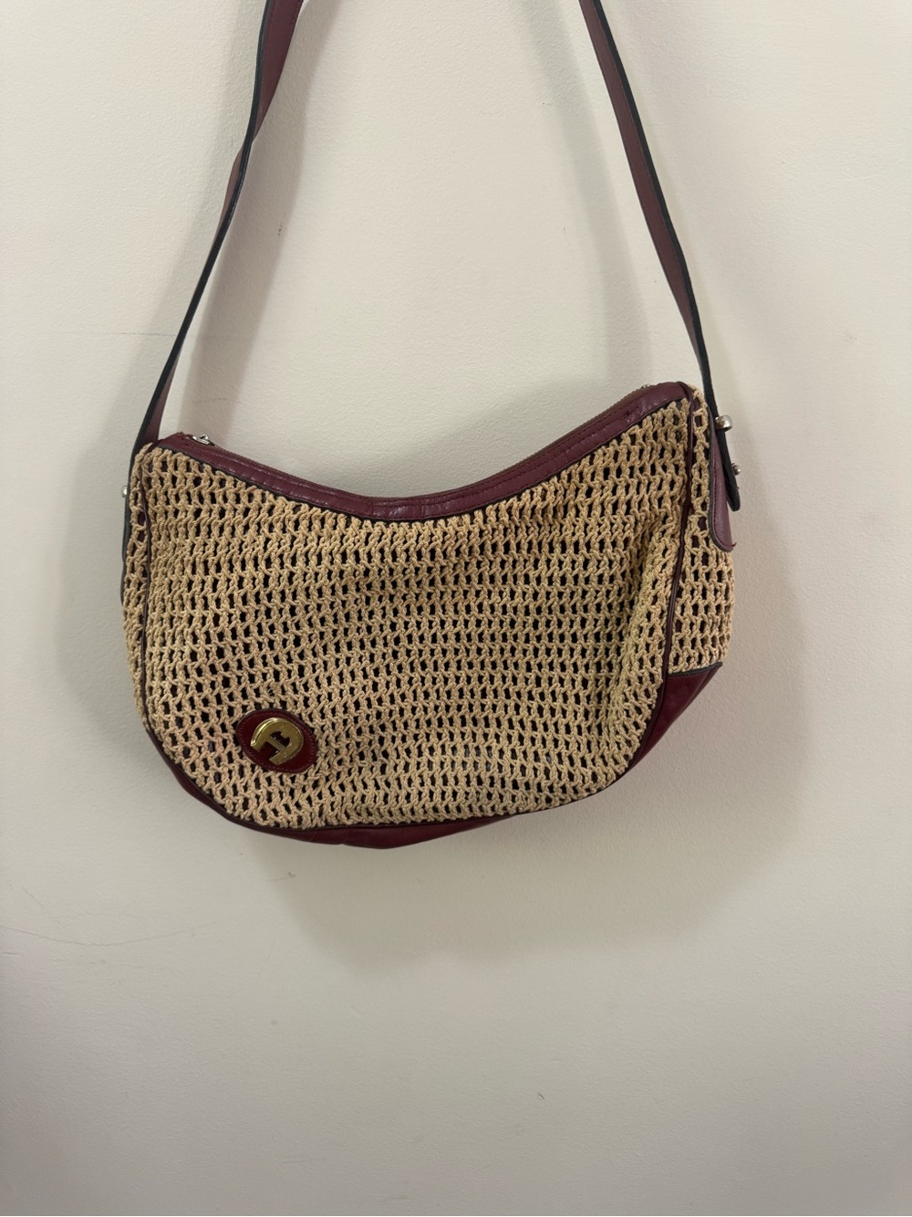Etienne Aigner Woven Straw Crossbody Bag with Burgundy Leather Trim